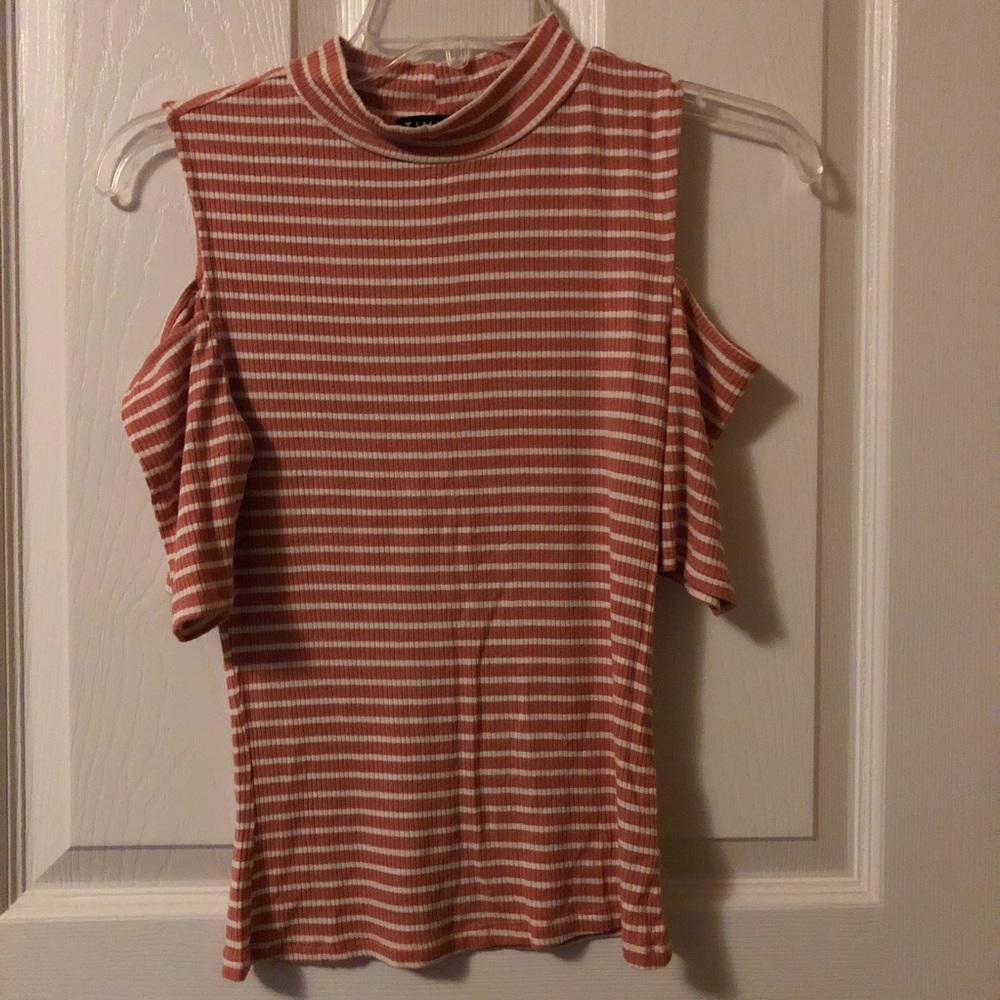 Coral pink & white stripe shirt. Size M (juniors)